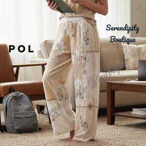 POL Boho Crochet Lace Gauze Extra Baggy Quilted Comfy Warm Wide Leg Pants